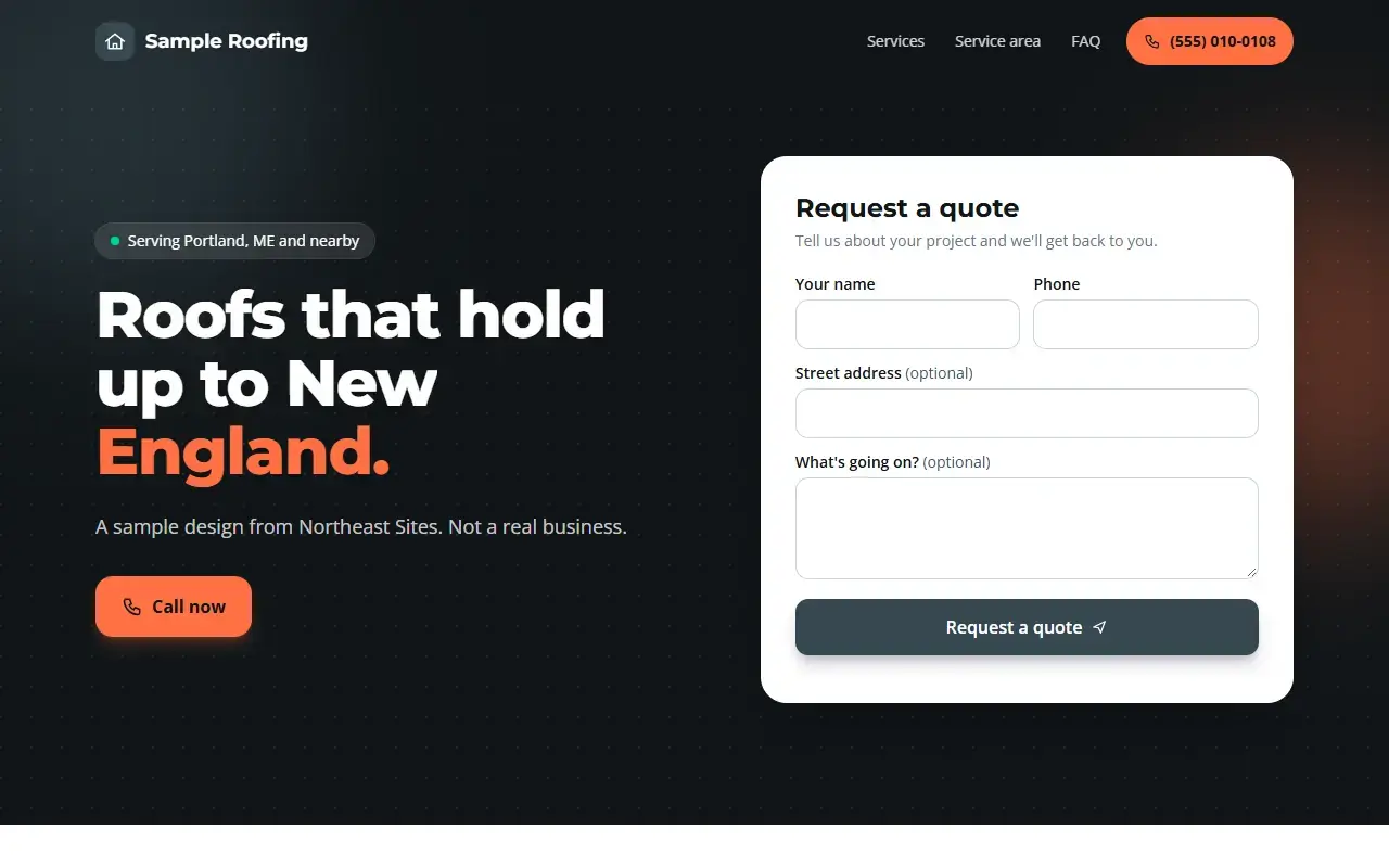 Sample roofing website design made with our template. It shows a made-up business, not a real company.